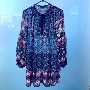 ADELYNE RAE Sz S Oversized Ditzy Floral Puff Sleeves Open Lace Tassel Tunic